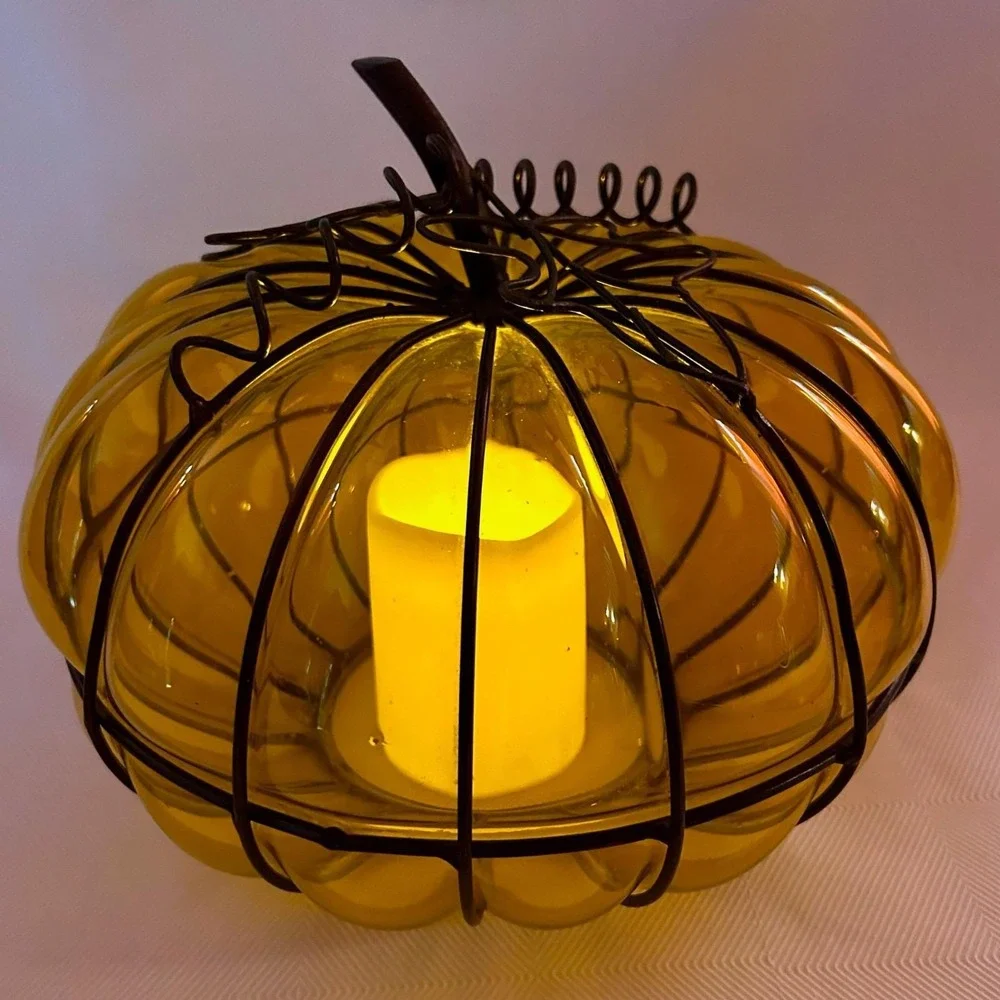 Hand-Blown Amber Glass Metal Caged Pumpkin Decor/Shade/Candle Lantern Halloween